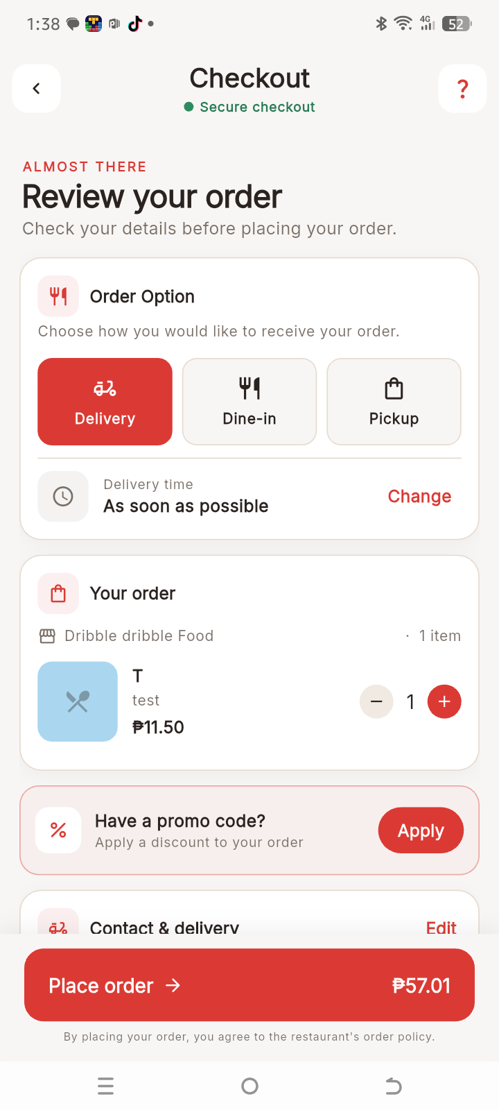 Reviewing an order at PahatudFood checkout