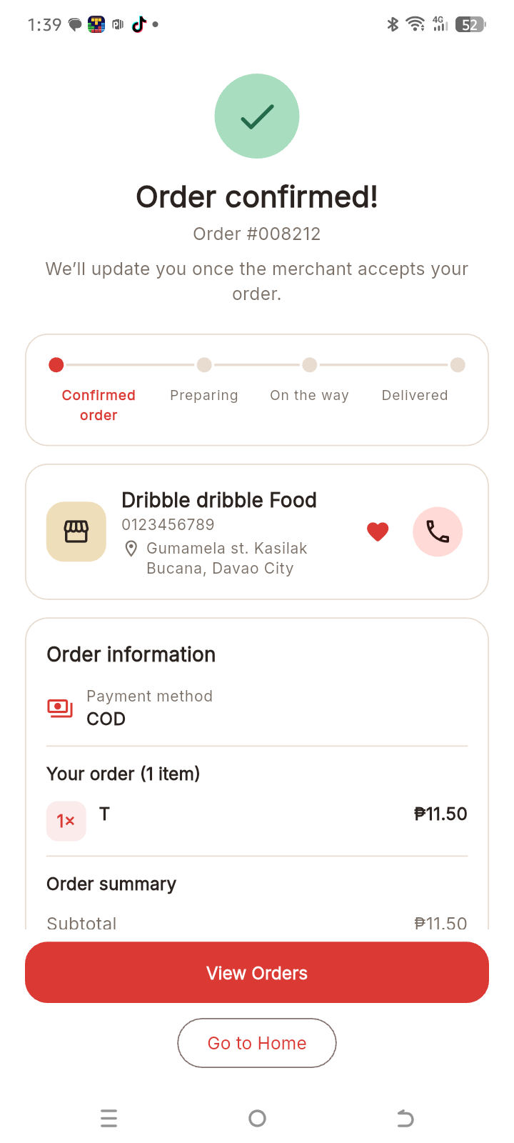 Confirmed PahatudFood order screen